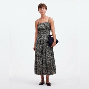 Madewell Black and Cream Smocked Midi Dress with Spaghetti Straps